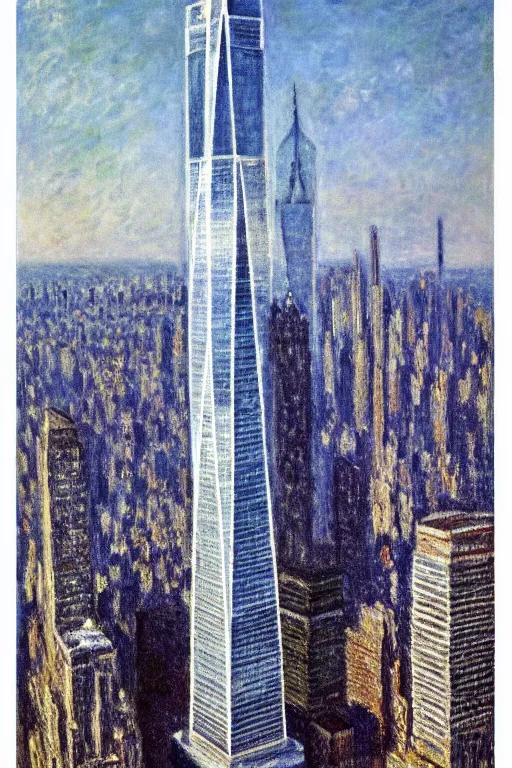 Image similar to One World Trade Center, New York City, illustrated by Claude Monet, very detailed