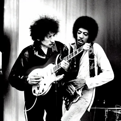 Prompt: bob dylan playing with jimi hendrix, photograph