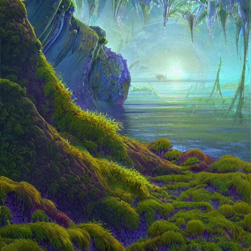 Prompt: digital painting of a lush wet natural scene on an alien planet by gerald brom. digital render. detailed. beautiful landscape. colourful weird vegetation. cliffs.