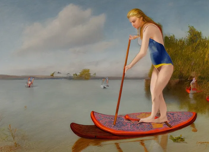 Prompt: painting of a swedish women on a sup wearing a swimsuit, intricate elegant matte painting illustration, by bruno liljefors