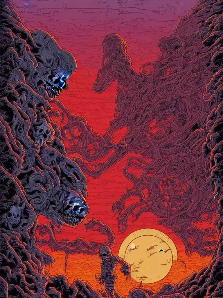 Prompt: Death's dreamscape by Dan Mumford, skull by Josan Gonzalez, sunset by Laurie Greasley, death skull, sunset