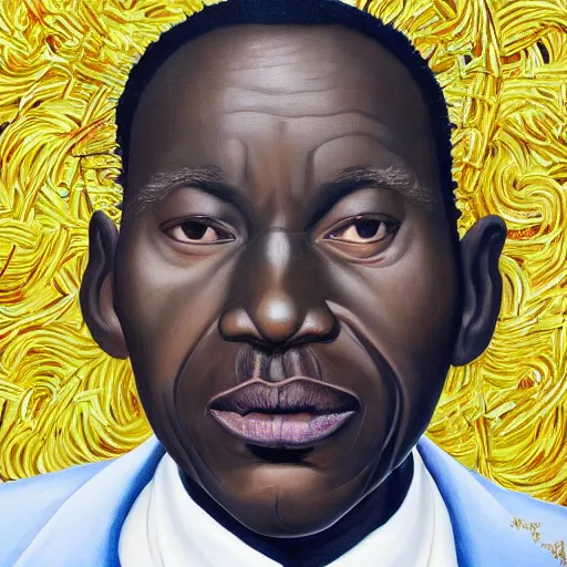 Image similar to a painting of a fatherly wide forehead, round face, XXL , loving, caring, generous, ever-present, humble, wise elder from Kenya in a suit by Kehinde Wiley . Fatherly/daddy, focused, loving, leader, relaxed,. ethereal lights, details, smooth, sharp focus, illustration, realistic, cinematic, artstation, award winning, rgb , unreal engine, octane render, cinematic light, macro, depth of field, blur, red light and clouds from the back, highly detailed epic cinematic concept art CG render made in Maya, Blender and Photoshop, octane render, excellent composition, dynamic dramatic cinematic lighting, aesthetic, very inspirational, arthouse.