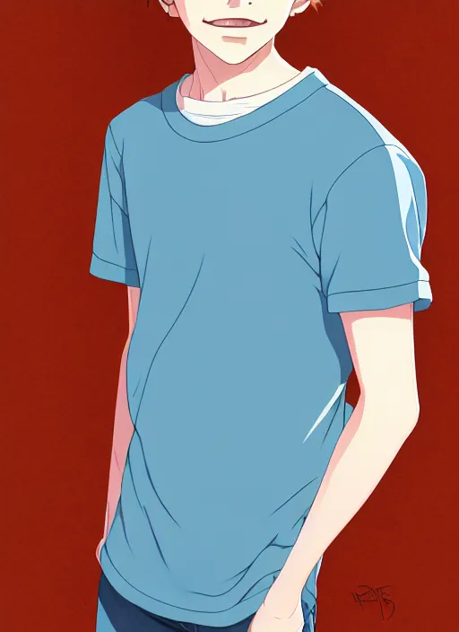 Prompt: portrait of a teen boy with completely straight auburn hair, light blue eyes, pale skin, freckles, sad expression, t - shirt, modern casual clothing, natural lighting, path traced, highly detailed, high quality, cartoon, digital painting, by don bluth and ross tran and studio ghibli