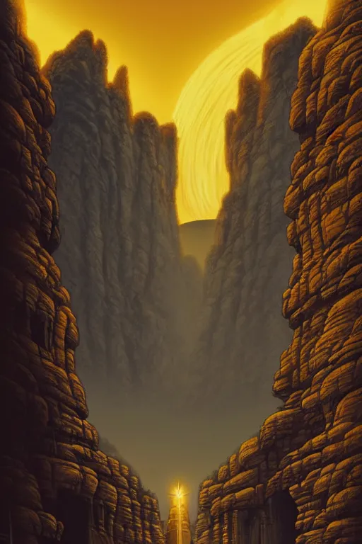 Image similar to ancient temple carved into canyon walls, monks standing around golden statue glowing yellow, light streaks in the sky, eclipse, dramatic lighting, artstation, matte painting, ralph mcquarrie, simon stalenhag