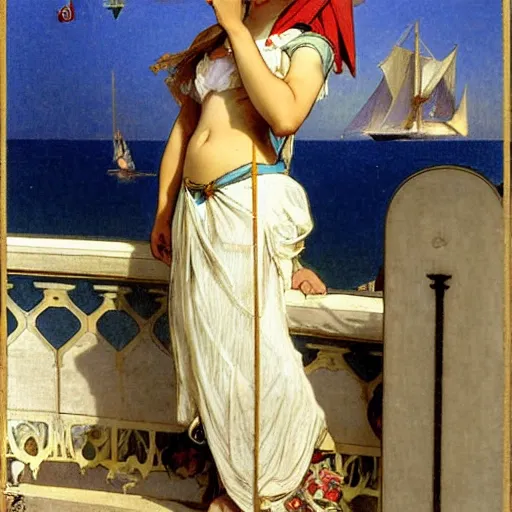 Image similar to A girl with jester hat and clothes on a greek archi circle on the front of a Balustrade with a beach and a sail boat on the background, major arcana cards, by alphonse mucha and arnold böcklin arnold böcklin arnold böcklin hyperrealistic 8k, very detailed