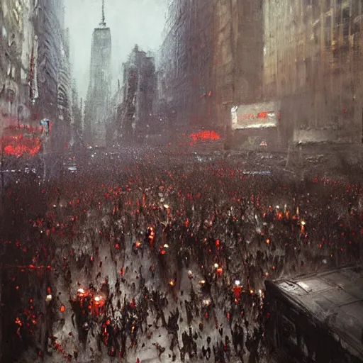 Image similar to horde of zombies in downtown new york, highly detailed painting by jeremy mann and beksinski