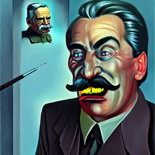 Prompt: Stalin with Evil face, highly detailed, very coherent, painted by Francis Bacon and Edward Hopper, Wayne Barlowe, painted by James Gilleard, surrealism, airbrush, art by JamesJean