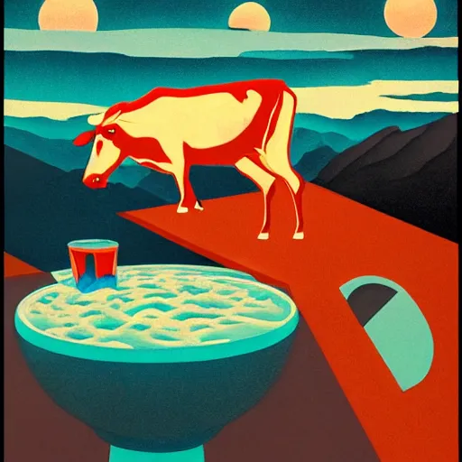 Prompt: isometric painting of a cow devouring a human, black mountains, dark atmosphere, decollage, fire, edward hopper, tristan eaton, victo ngai