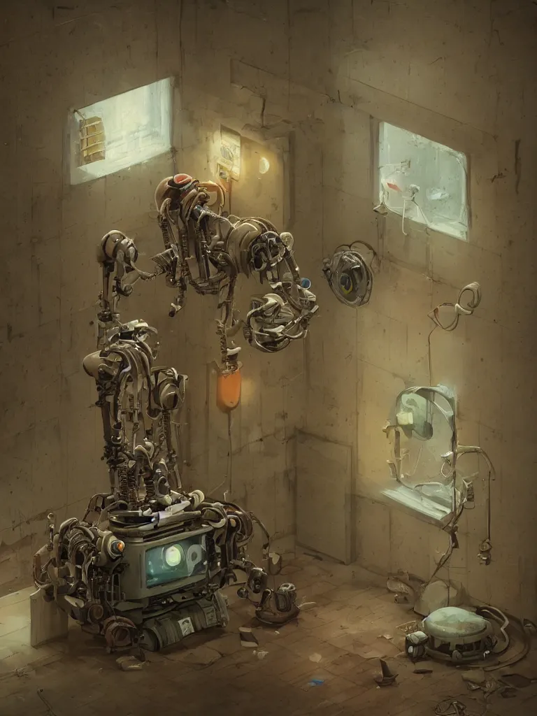 Image similar to empty room , singular old mechanical empatic robot sitting lonely and sad in the corner, wide angle photography, cinematic, dim light, small spot light on robot, small depth of field, fresh colors, Esao Andrews, sharp focus, fresh colors, deviantart, conceptart