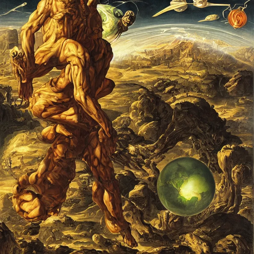 Image similar to alien atlas carrying a glowing earth. pulp sci - fi art for omni magazine. baroque period, oil on canvas. renaissance masterpiece.