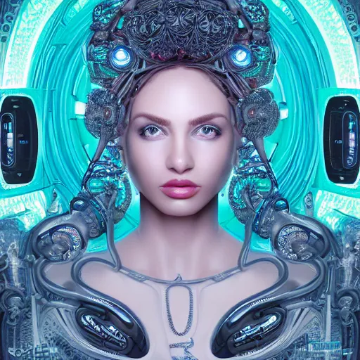 Image similar to very beautiful woman integrating with technology, full face frontal centered, portrait, insipiring, detailed intricate ornate cables connected to head, big open electric eyes, luxurious detailed abundent wiring and implants, diamonds, sci-fi, neon, emeralds, detailed technology full background, highly detailed, artstation, Rene Lalique and Eddie Mendoza and Gil Elvgren