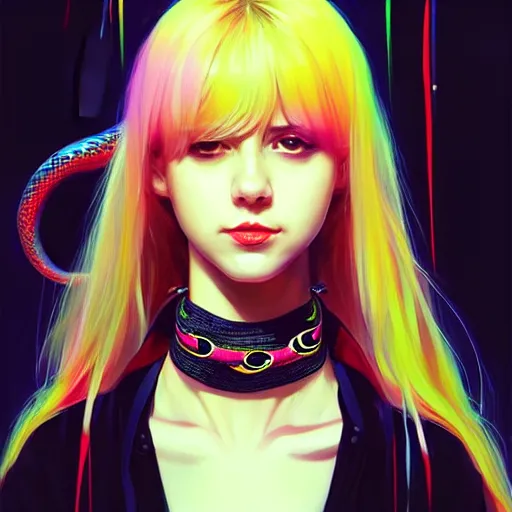 Prompt: longshot of a pretty girl wearing a black choker holding a snake, intricate, bright colors, sharp focus, illustration, highly detailed, concept art, matte, trending on artstation, anime, art by wlop and artgerm and greg rutkowski, ilya kuvshinov, strong strokes, h 6 4 0