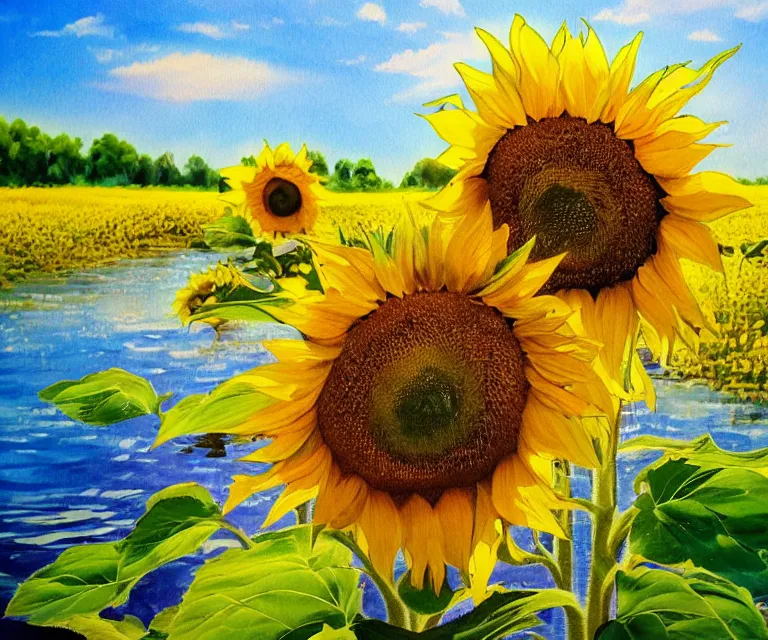 Prompt: sunflowers, william henrits, hovik zohraybyan, water painting, bright colors, sunlight, happy, peaceful, serene, joy