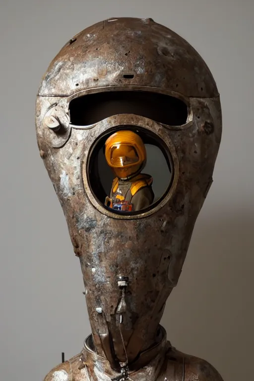 Image similar to a beautiful sculpture of a cosmonaut in space suit by christophe charbonnel, rust and plaster materials