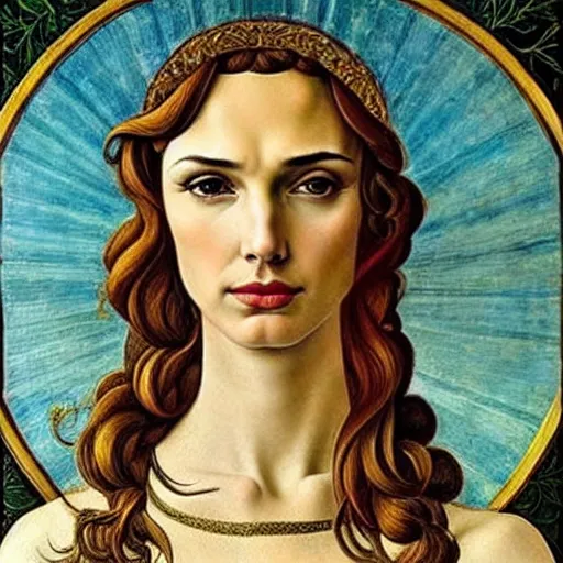 Prompt: gal gadot as the goddess of spring, elegant portrait by sandro botticelli, detailed, symmetrical, intricate