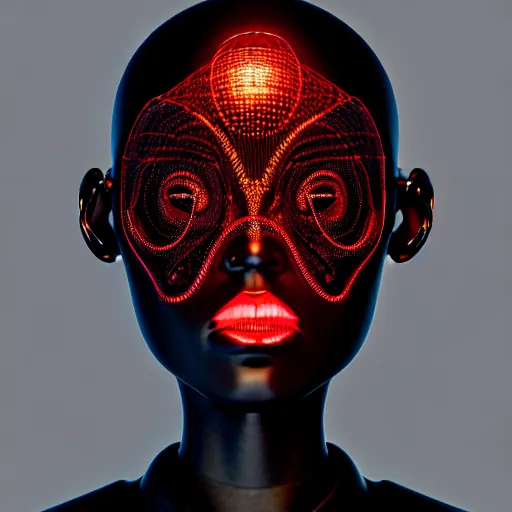 Image similar to portrait of an absurdly beautiful, graceful, sophisticated, fashionable black cyberpunk mechanoid gravure idol, hyperdetailed illustration by irakli nadar, adut akech, matt wisniewski style, intricate linework, dark black porcelain skin, jellyfish headdress, unreal engine 5 highly rendered, global illumination, red light, detailed and intricate environment