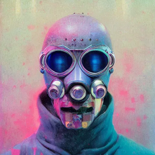Prompt: vibrant portrait of masked diesel punk on the art deco streets of the big city, 8 k, sci - fi, pastel colors, artstation, award - winning realistic sci - fi concept art by beksinski, picasso masterpiece, complimentary colors, james gilleard, bruegel, greg rutkowski, alphonse mucha, and yoshitaka amano