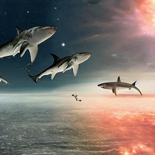 Prompt: Still from the movie Sharknado, in space with angry sharks floating on the left in front of the interstellar space filled with stars, ready to attack the planet earth on the right. Cinematic, technicolor, breathtaking.