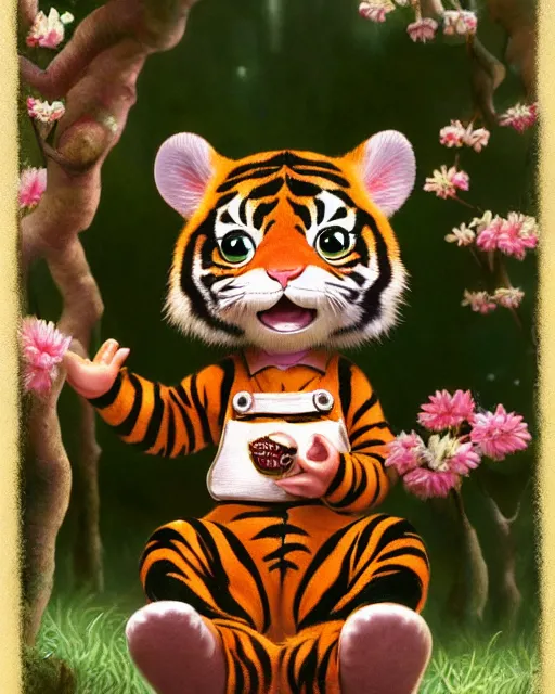 Prompt: very beautiful portrait of an extremely cute and adorable little tiger wearing overalls, smooth, perfect face, fantasy, character design by mark ryden and pixar and hayao miyazaki, sharp focus, concept art, intricate detail, cinematic lighting, hyperrealistic, 5 0 mm, diorama macro photography, 8 k, nature