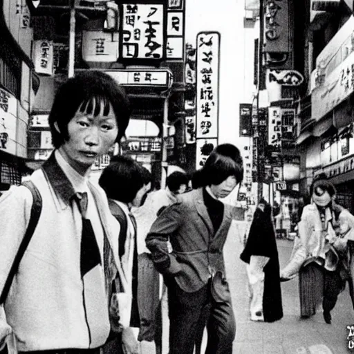 Image similar to 1 9 7 0 s japanese tv show, body - horror, bw, mechanical inhuman monsters walking the streets of shinjuku,