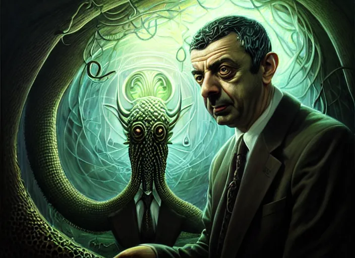 Image similar to lovecraft biopunk portrait of rowan sebastian atkinson, fractal background, anthropomorphic cthulhu behind him, by tomasz alen kopera and peter mohrbacher