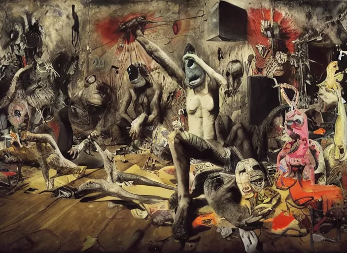 Image similar to animal riot in an art house feature film by alejandro jodorowsky, roger ballen and nobuyoshi araki : : exterior view, retro sci - fi, occult ritual : : triadic color scheme, dramatic lighting : : an oil painting in the style of francis bacon and adrian ghenie, 4 k