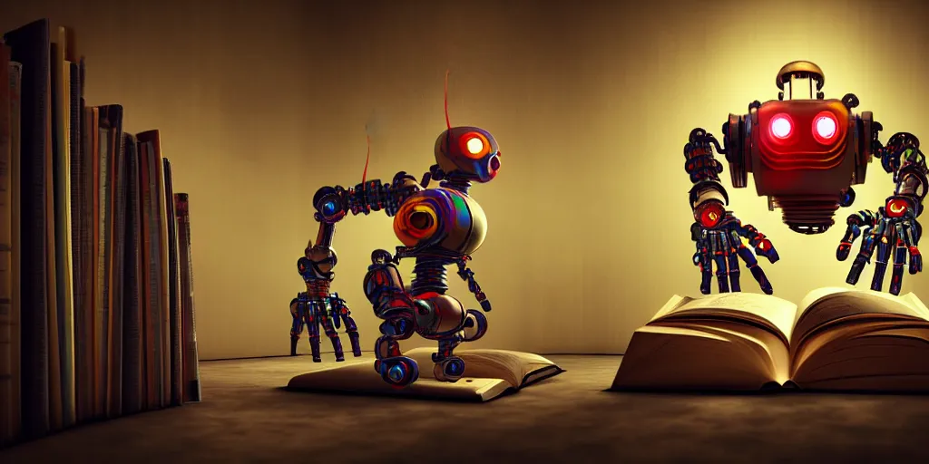 Image similar to A frightening multi armed evil robot devouring books with pipes and tubes and pages floating down, hyperealistic very colourful hdr cinematic lighting cgi render photorealistic cinematic octane render