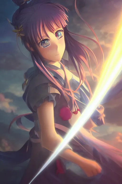 Prompt: Anime key visual of a young lady holding her sword in the air with a beam of light shining on it, intricate, magical island, stunning, digital painting, artstation, illustration, graphic design, soft lighting, sword reflection, art by Viktor Berendeev