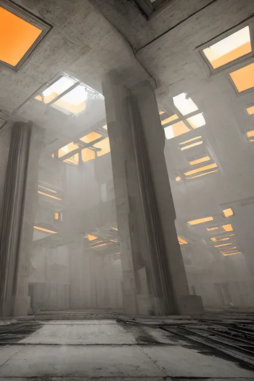 Prompt: inside a tall vetical room, convoluted halls, complex ceiling, cables hanging, monolithic, open architecture, dust cloud enter through giant open windows, high winds, concrete pillars, ancient sci - fi elements, on an alien planet, sun is blocked by dust, pale orange colors, cinematographic wide angle shot, f / 2 4, motion blur