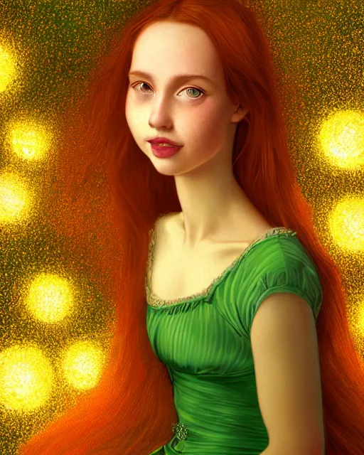 Prompt: a happy young woman looking over shoulder, intricate detailed dress, sitting among the lights of golden fireflies and nature, long loose red hair, bright green eyes, small nose with freckles, triangle shape face, smiling, dreamy scene, golden ratio, high contrast, hyper realistic digital art by caravaggio and artgerm.