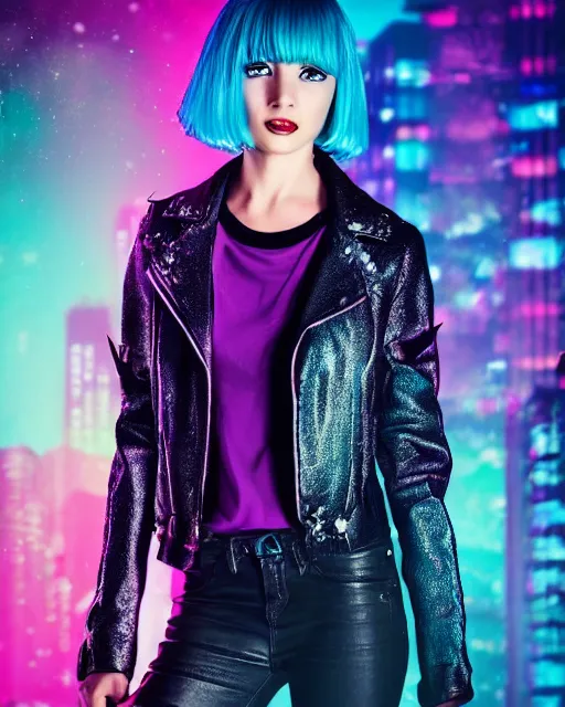 Image similar to Beautiful young woman with glowing teal hair, bob haircut, bangs, Spiked blue leather jacket, cyberpunk city background, in the style of Anna Dittman, fashion photography