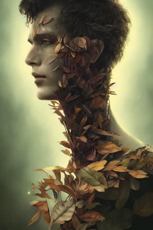 Image similar to portrait of a man made of a leaves, by artgerm, tom bagshaw, gerald brom, vaporwave colors, lo - fi colors, vaporwave, lo - fi, moody vibe, goth vibe, 4 k, hd,