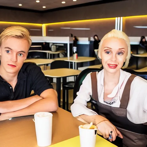 Image similar to Two different people sitting at a booth in McDonalds, one of the people is Draco Malfoy, the other character is Eddie Munson, McDonalds interior background, photo