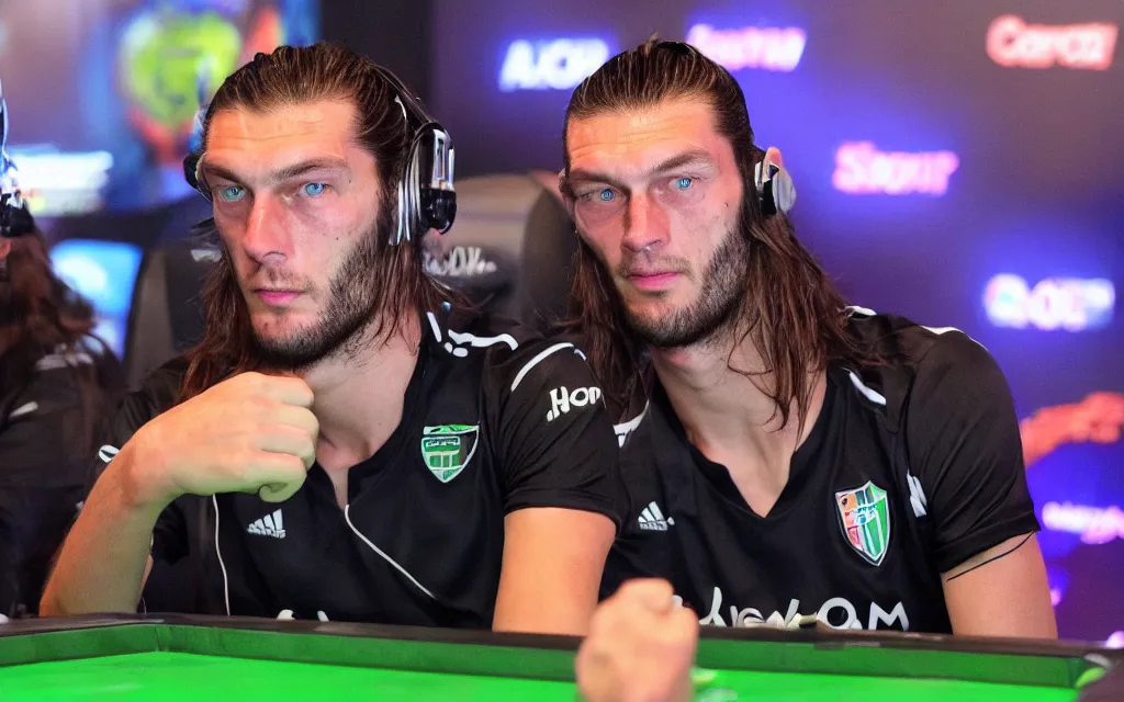 Prompt: soccer player andy carroll intensely gaming at an esports event