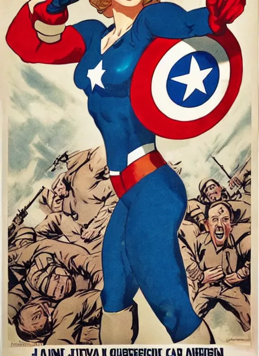 Prompt: beautiful female captain america standing on a pile of defeated german soldiers. feminist captain america wins wwii. american wwii propaganda poster by james gurney. anime. gorgeous face.