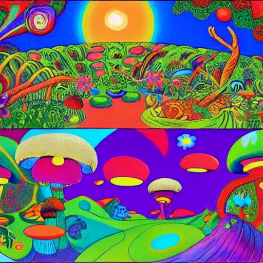 Prompt: psychedelic trippy couch in the lush forest, planets, flowers, mushrooms milky way, sofa, cartoon by carl barks and eric carle