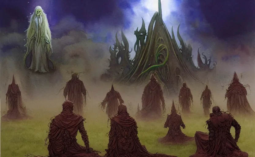 Image similar to a hyperrealist watercolour character concept art portrait of a group of druids kneeling down in prayer to a tall elegant lovecraftian alien on a misty night on the moors of ireland. a battlecruiser starship is in the background. by rebecca guay, michael kaluta, charles vess and jean moebius giraud