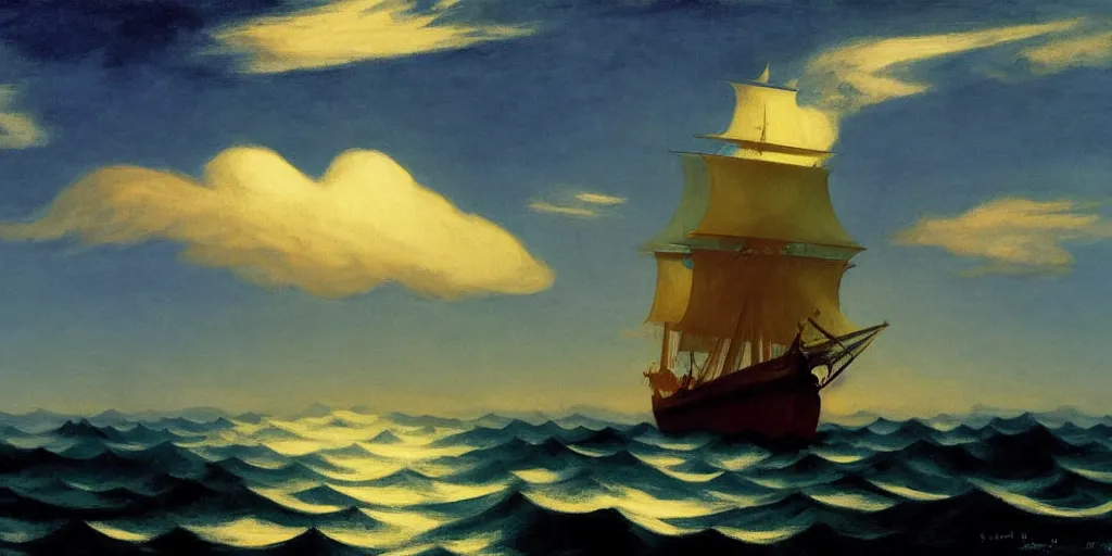 Prompt: Pirate ship sailing in a sea of clouds by Edward Hopper, star lit sky, 4k