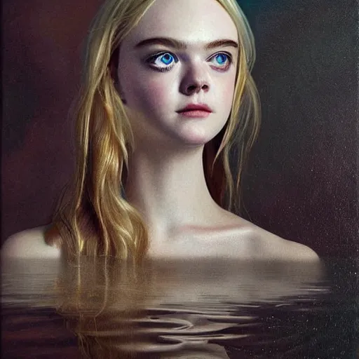 Prompt: pop-surrealism portrait painting of Elle Fanning in a flooded house interior, extremely detailed masterpiece,