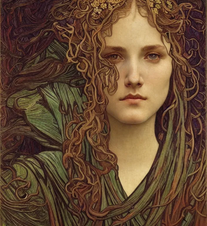 Image similar to detailed realistic beautiful young medieval queen face portrait by jean delville, alphonse mucha, vincent van gogh, and marco mazzoni, art nouveau, symbolist, visionary, gothic, pre - raphaelite
