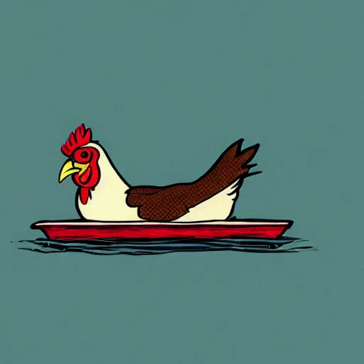 Prompt: digital art of a chicken on a raft, realistic, stylized, artstation, edward munch