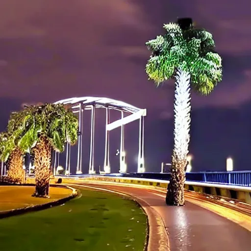 Prompt: blue hour, mostly cloudy sky, palm trees, bridge, curved bridge, dusk, 2 4 0 p footage, 2 0 0 6 youtube video