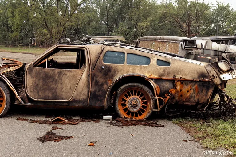 Image similar to rusted, derelict on the back of a tow truck on the road 1 9 2 2 delorean