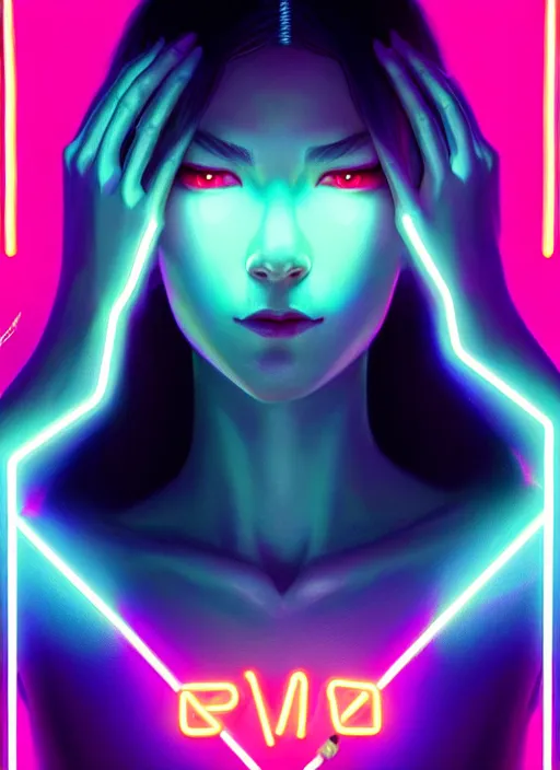 Image similar to beautiful neon woman, by greg rutkowski, symmetry, concept art by artgerm, distance render portrait of a hyper realistic, pixar, intense, epic, powerfull, alphonse mucha, octane render, highly detailed, high quality, 8 k, soft lighting, path traced, and uang guangjian and gil elvgren, symmetry!!