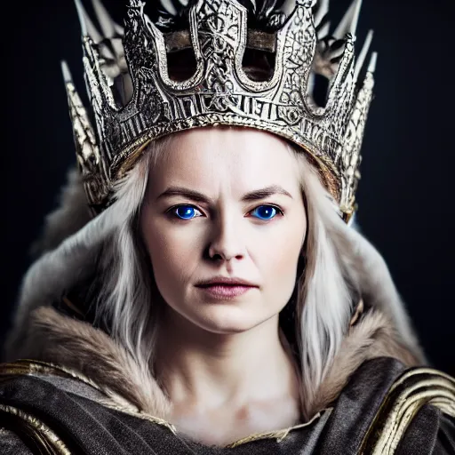 Image similar to photo of a beautiful nordic queen with ornate crown and cloak highly detailed, 4k, HDR, smooth, sharp focus, high resolution