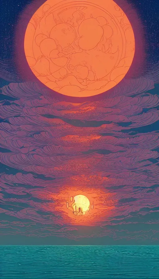 Image similar to supermoon floating on cosmic maelstrom sunset sky, futurism, dan mumford, victo ngai, kilian eng, da vinci, josan gonzalez