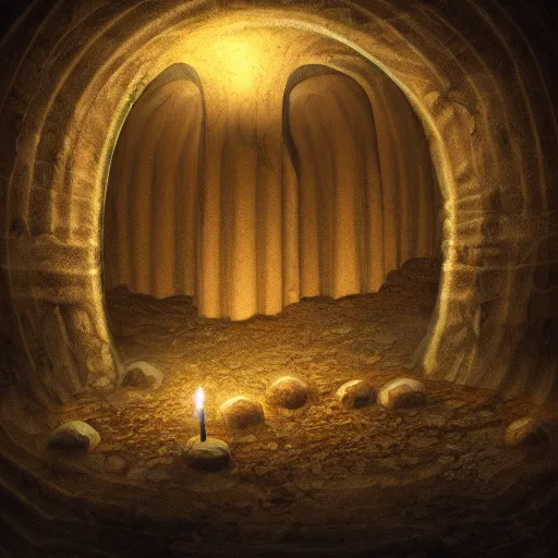 Prompt: underground cavernous necropolis with a candle illuminating it, digital painting, soft lighting, brown tint, gloomy, photorealistic