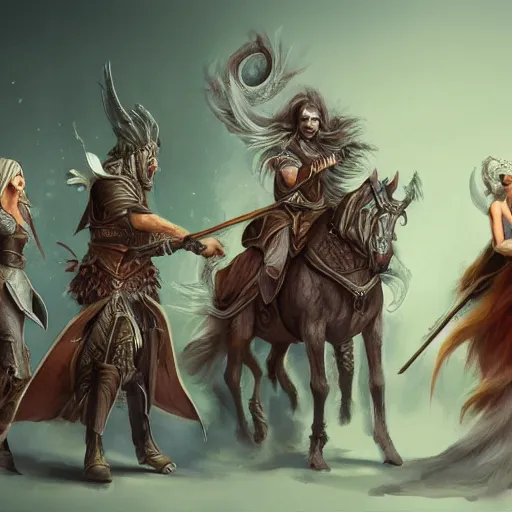 Prompt: hyperrealistic illustration of a party of fantasy warriors and sorcerers, concept art, cinematic, inspired by best fantasy artists