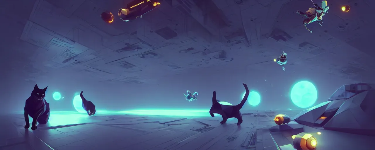 Image similar to duotone noir scifi concept illustration of lowpoly cats floating zero gravity glowing 3 d mesh portals futuristic, glowing eyes, octane render, surreal atmosphere, volumetric lighting. golden ratio by sachin teng and sergey kolesov and ruan jia and heng z. graffiti art, scifi, fantasy, hyper detailed. trending on artstation