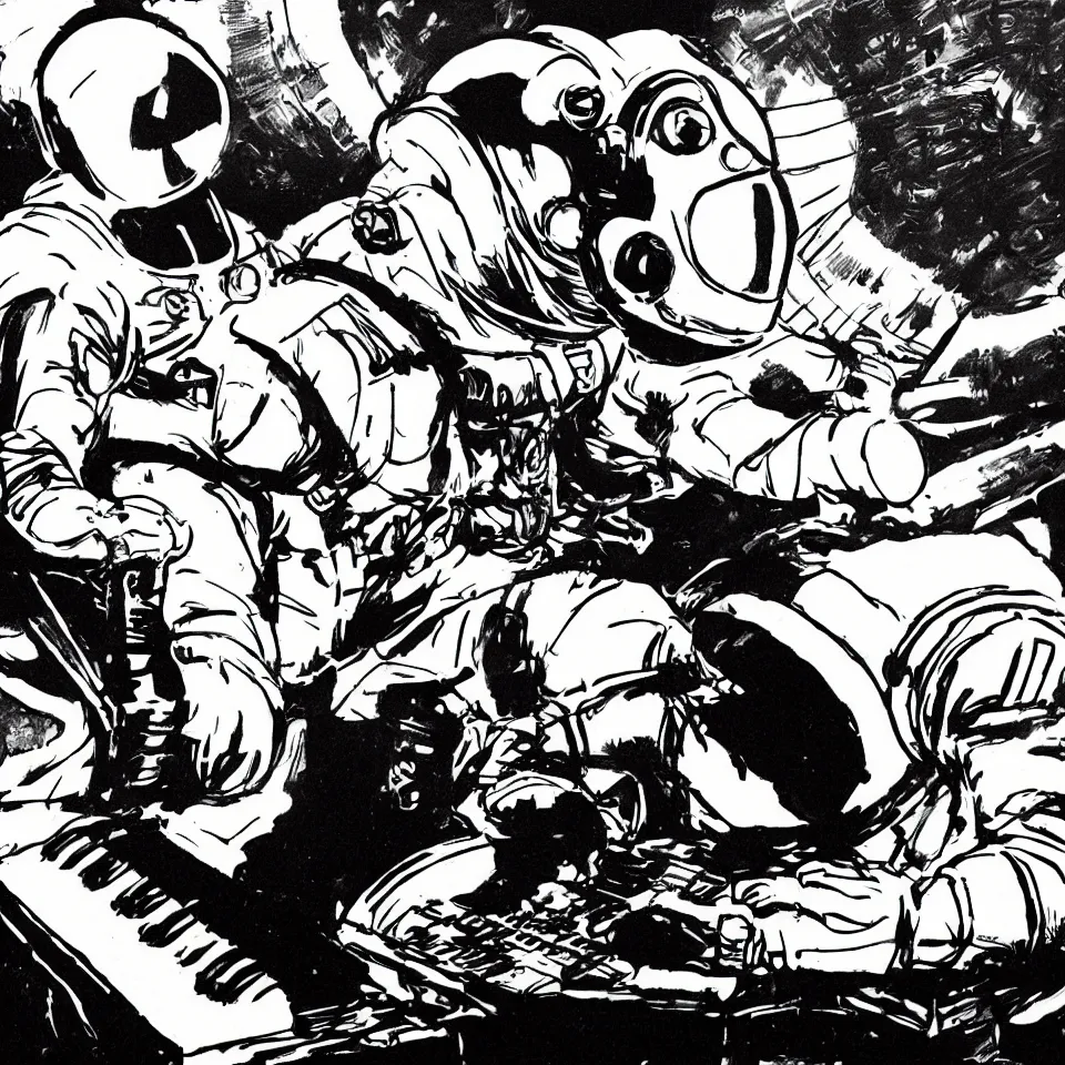 Prompt: an astronaut helmet playing a keyboard by jack kirby, dynamic lighting, cinematic, epic composition, masterpiece